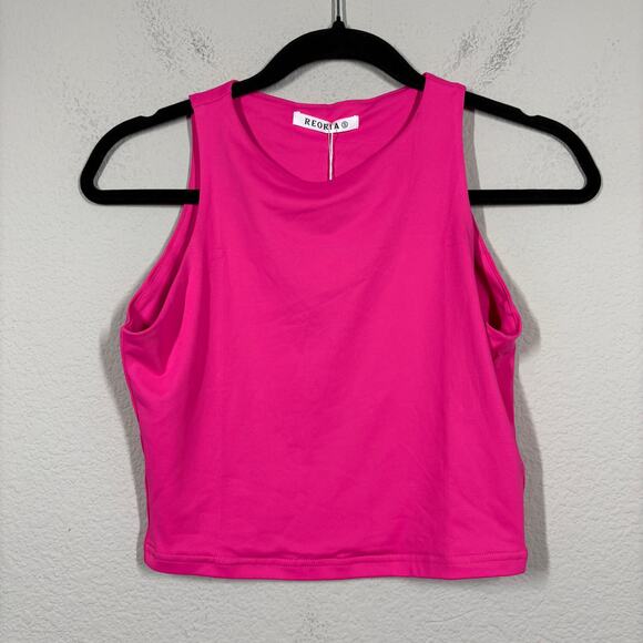 Reoria Womens Size Small Crop Tank Top Hot Pink Crew Neck Casual Sleeveless - Picture 2 of 8